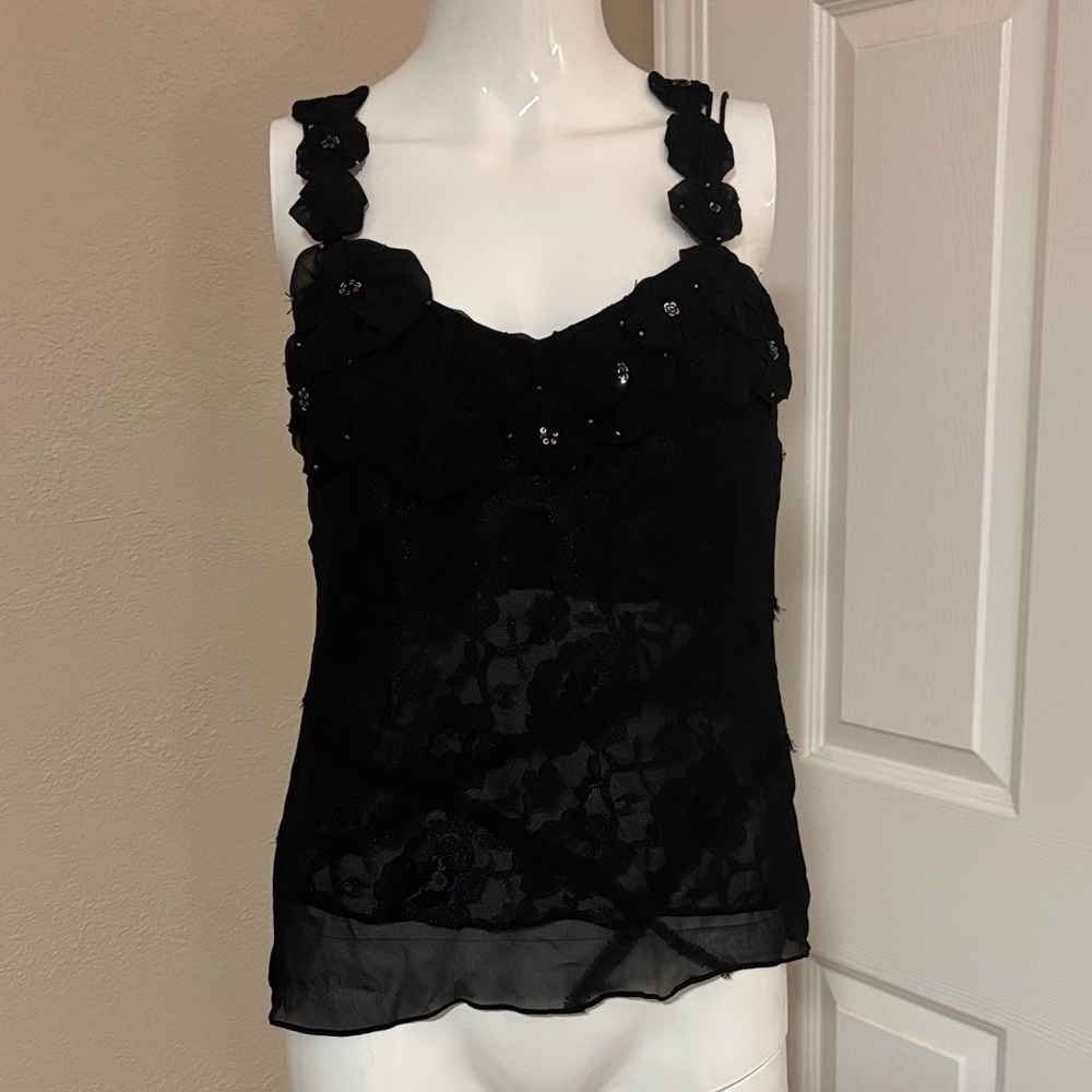 Black Silk Rosette Bead sequin Camisole top 2 Piece set